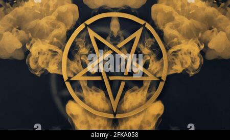 Goldenes Pentagramm auf dunklem Hintergrund. Abstrakter Rauch. Künstlerische Arbeit Stockfoto