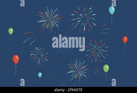 Bunte helle Feuerwerk und Luftballons für Urlaub, Neujahr, Geburtstagsfeier, festlich, Karneval, Vektorgrafik Unabhängigkeitstag flach. Komposition mit Feuerwerk zur Feier. Stock Vektor