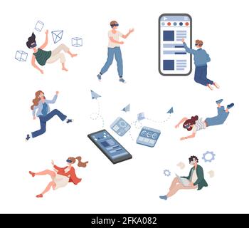 Gruppe von Menschen verbringen Zeit in Virtual Reality Vektor flache Illustration. Moderne Unterhaltung. Glückliche Männer und Frauen tragen eine VR-Brille und lernen, lesen, Spaß haben in einem VR-Headset. Stock Vektor