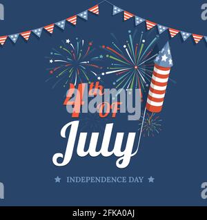 Happy Independence Day of United States of America Vektor flaches Poster Design. 4. Juli in den USA Flyer-Vorlage mit Feuerwerk, Girlanden und amerikanischen Fahnen für Feiertagsfeiern. Stock Vektor