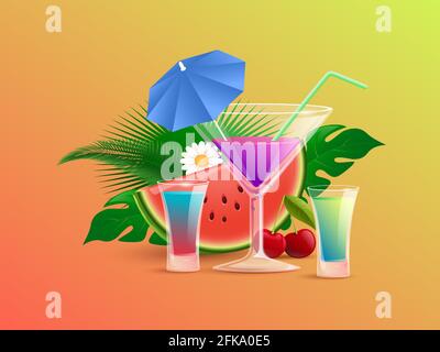 Sommer bunte Cocktails mit Stroh und Cocktail-Schirme Vektor Cartoon Illustration. Tropische Blätter, in Scheiben geschnittene Wassermelone und Kirschen. Erfrischung alkoholische Getränke in Restaurant oder Bar Glaswaren. Stock Vektor