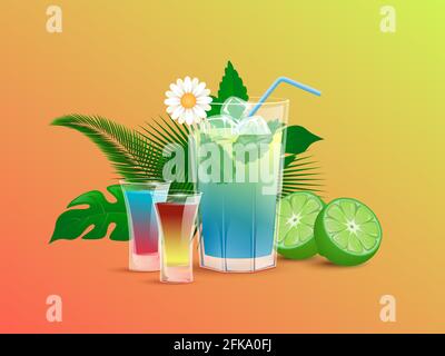 Erfrischung alkoholische Getränke mit Limette, Eiswürfeln, Trinkhalmen und tropischen Blättern. Bunte und frische Sommergetränke Vektor Cartoon Illustration. Alkoholcocktails in der Bar oder im Restaurant. Stock Vektor