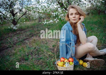 Die Blondine sitzt auf einem grünen, wilden Rasen. Daneben befindet sich ein Korb mit Äpfeln. Stockfoto