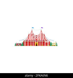 Shapito Wanderzirkuszelt isoliert gestreifte Markise Ikone. Vector Wanderant Big Top Zirkus, Fassade der Unterhaltung Gebäude mit Fahnen geschmückt. Trai Stock Vektor