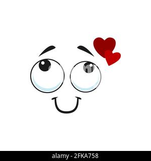 Cartoon träumendes Gesicht mit roten Herzen über dem Kopf und lächelndem Mund, Vektor Liebe Emoji. Witziger Gesichtsausdruck, positive Gefühle, niedlicher liebevoller Charakter Stock Vektor