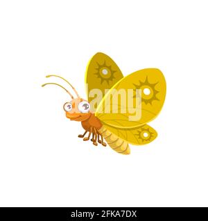Cartoon Schmetterling Vektor-Symbol, schöne fliegende Insekt mit gelben Flügeln, niedliches Gesicht und große Augen. Lustige Maskottchen, Design-Element. Wilde Kreatur isoliert Stock Vektor