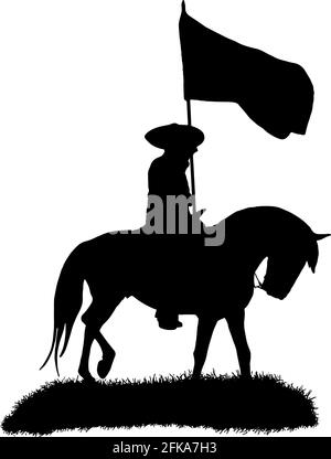 Mexikanischer Cowboy, der auf einem Charropferd reitet und eine Flagge mit Vektor-Silhouette in Schwarz auf weißem Hintergrund trägt Stock Vektor