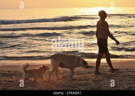 Beirut, Libanon. April 2021. Ein Mann genießt sich mit seinen Hunden an einem Strand in Beirut, Libanon, 28. April 2021. Die libanesische Katastrophenrisikomanagement-Einheit kündigte an, dass im Libanon vom 1. Bis 4. Mai eine Sperre verhängt werden soll, um die Sozialisierungs-Aktivitäten während der orthodoxen Osterzeit zu beschränken. Quelle: Liu Zongya/Xinhua/Alamy Live News Stockfoto