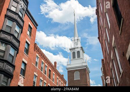Kirchturm der Old North Church, 193 Salem Street, im North End, Boston MA Stockfoto
