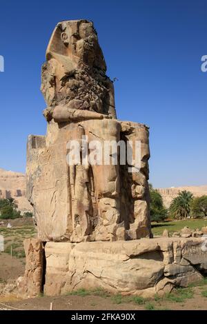 Memnonkolosse Statue gegen blauen Himmel, Theban Necropolis, westlich von Luxor, Ägypten Stockfoto