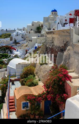 Weiß getünchte Residenzen und blaue Kuppel auf einem Hügel von Oia, Santorini, Griechenland Stockfoto