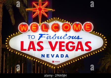 Das „Welcome to Fabulous Las Vegas“-Zeichen ist ein Wahrzeichen von Las Vegas, das im Mai 1959 in Las Vegas, NV, finanziert wurde Stockfoto