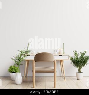 Arbeitsbereich, Schreibtisch, weiße Wandgestaltung, 3D-Rendering Stockfoto