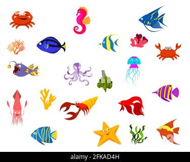 Set aus Meeresfischen und Algen, Krabben, Seepferd, Seesternen, Kraken, Krebse. Vektor auf weißem Hintergrund isoliert Stock Vektor