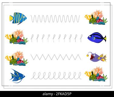 Handschrift Übungsblatt. Pädagogische Kinder-Spiel, Wiederherstellung der gepunkteten Linie. Fische und Korallen. vektor isoliert auf einem weißen Hintergrund Stock Vektor