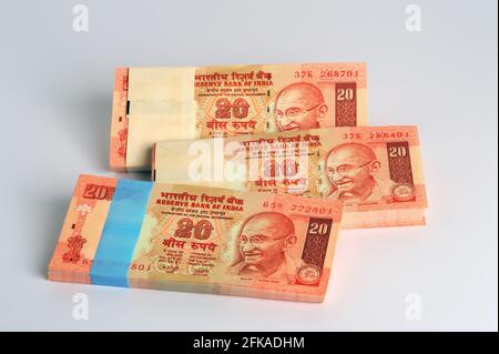 Mumbai Maharashtra Indien Asien April 23 2021 Sehr Selten Zwanzig Rupien 100 Serielle Banknoten-Paket 20 Rupie Banknote Indische Währung Stockfoto