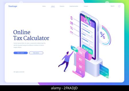 Online-Steuerrechner isometrische Landing Page. Winziger Charakter auf einem riesigen Smartphone mit Zahlungsrechnung, die aus dem Bildschirm kommt. Intelligente Technologie für Bankbuchhaltung, Internet-Besteuerung, 3d-Vektor-Web-Banner Stock Vektor