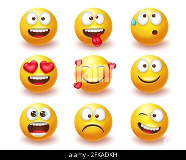 Smileys-Emoticon-Vektorset. Smiley 3d Emoji-Charaktere mit Ausdrücken und Emotionen wie glücklich, verliebt und verrückt in gelbem Gesicht Symbol. Stock Vektor