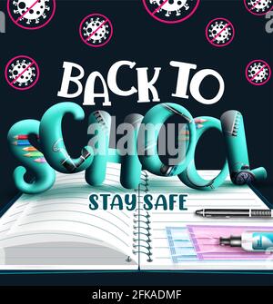 Zurück zur Schule Vektor-Konzept-Design. Zurück in die Schule Bleiben Sie mit Notebook, Gesichtsmaske und Händedesinfektionsmittel sicher im Text, um die Sicherheit der Schüler zu gewährleisten. Stock Vektor