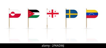 Zahnstocherflaggen von Grönland, Jordanien und Georgien mit Schweden und Venezuela. Nationale Banner auf hölzernen spitzen Stäben. Ovale Randpfennanzer isoliert auf weißem Hintergrund, realistische 3d-Vektor-Symbole gesetzt Stock Vektor