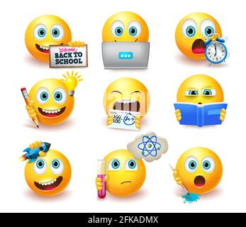 Smileys zurück zur Schule Emoticon Vektor gesetzt. Smiley-Emoji mit pädagogischer Pose und Ausdrucksformen wie Lernen und Denken für Schüler-Emojis. Stock Vektor