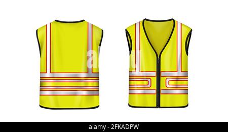 Sicherheitsweste in der Vorder- und Rückansicht, gelbe ärmellose Jacke mit reflektierenden Streifen für Straßenarbeiten, Weste-Modell mit fluoreszierenden Schutzelementen realistische 3d-Vektordarstellung, Modell Stock Vektor