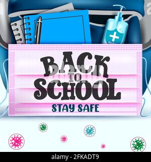 Zurück zur Schule Vektor-Konzept-Design. Zurück zur Schule Text im Gesichtsmaske Hintergrund mit Notizbuch, Tasche und Alkohol Element für covid-19 Sicherheit. Stock Vektor