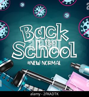 Back to School Vektor-Banner-Vorlage. Zurück zum Schultext im Weltraum mit covid-19 Sicherheitselementen wie Gesichtsmaske und Alkohol für neue normale Bildung. Stock Vektor
