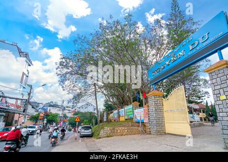 Jacaranda blüht an einem Sommermorgen hell an der High School, wo viele schöne Erinnerungen an Schüler in Da Lat, Vietnam Stockfoto