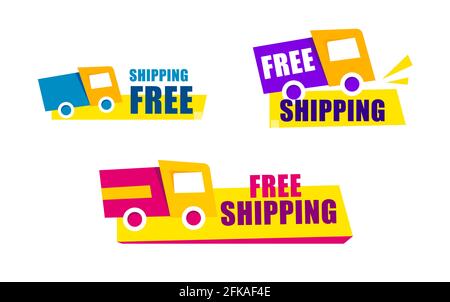 Set Label free shipping Rot und Gelb. Lastenwagen. Vektor-gelbes Banner in modernem flachem Stil auf Weiß. Stock Vektor