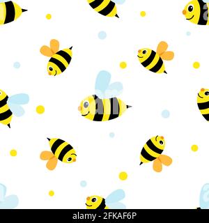 Lustiger gelber Bienencharakter. Kinder wiederholen Muster mit fröhlichen Biene. Vektor Nahtloses Muster mit farbigen Punkten. Stock Vektor