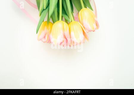 Bouquet von rosa und gelben Tulpen auf weißem hellen Hintergrund. Frühlingsstimmung und Frühlingskonzept. Stockfoto