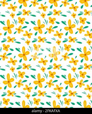Nahtloses Blumenmuster mit kleinen gelben Blüten und türkisfarbenen Blättern auf weißem Hintergrund. Naturtapete. Vektorstruktur mit Butterblume Stock Vektor
