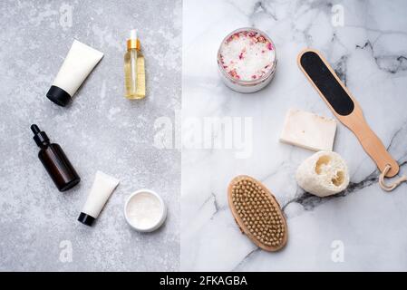 Naturkosmetik zum Baden auf dem trostigen Hintergrund. Seife, Badesalz, laus Waschlappen. Stockfoto