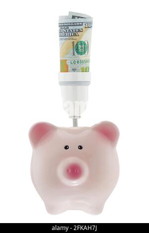 100 USD Geld im Inneren Glühbirnenhalter auf rosa Sparschwein isoliert auf weiß ideal für Stromrechnung zu sparen Stockfoto
