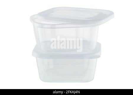 Durchsichtige Lebensmittelbehälter aus Kunststoff, klar hitzebeständig, mikrowellengeeignet, spülmaschinenfest, isoliert auf weißem Hintergrund Stockfoto