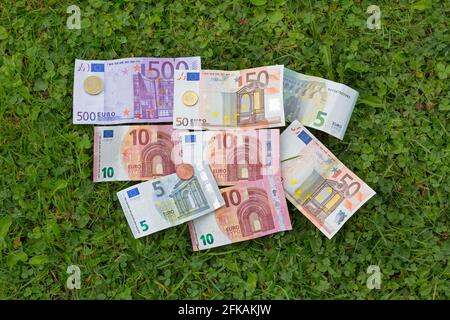 Verschiedene Arten von Euro-Währungsmünzen Banknoten, eine Reihe von Geldscheinen 5, 10, 50, 500 auf frischem grünen Gras im Hof Stockfoto