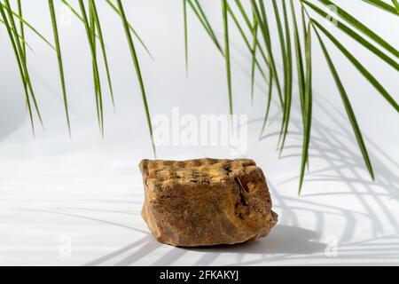Luxuriöses Podium aus Naturstein mit grünem Palmenblatt mit hellen Schatten zur Darstellung von Verpackungen und Produkten auf weißer Farbe. Stockfoto