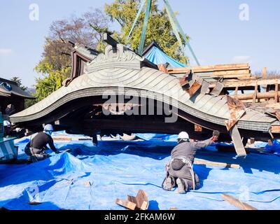 Aso, Japan - 5. November 2016: Das Dach der eingestürzten Halle wurde nach den Erdbeben in Kumamoto 2016 von den Arbeitern im schwer beschädigten Aso-Schrein vorsichtig angehoben Stockfoto