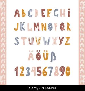 Handgezeichnetes deutsches Alphabet im Boho-Stil. Niedliche kindliche Buchstaben und Zahlen für Banner, Kinderzimmer-Design, Postkarten. Clipart in weiß isoliert Stock Vektor