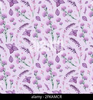 Lila Blumen und Blätter Aquarell Nahtloses Muster Stockfoto