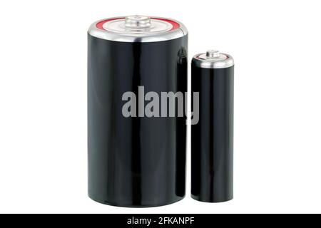 Schwarze Dry Cell D- und AA-Batterie in schwarzer Farbe isoliert auf weißem Hintergrund Stockfoto