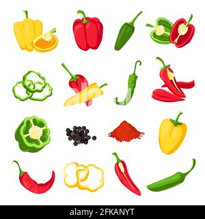 Pfeffer und Paprika. Rote, grüne und gelbe süße, scharfe und würzige Paprika. Jalapeno, Paprika, Cayenne und Chili-Gewürz für Sauce, Vektor-Set Stock Vektor