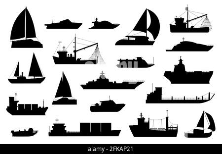 Boats Silhouette. Symbole für Segelboot, Binnenschiff, Angel- und Kreuzschiff, Seeyacht, Passagier- und Frachtschiffe. Vektorset für nautisches Transportlogo Stock Vektor