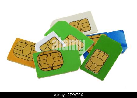 Eine Gruppe alter und gebrauchter SIM-Karten (Subscriber Identity Module) Stockfoto