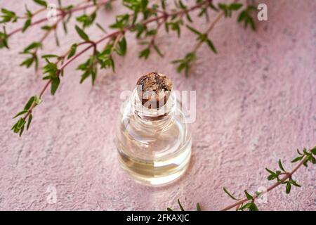 Eine transparente Flasche ätherisches Öl mit frischer Thymianpflanze Stockfoto