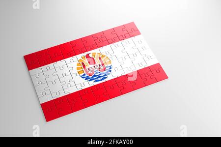 Ein Puzzle mit einem Druck der Flagge von Französisch-Polynesien, Teile des Puzzles auf weißem Hintergrund isoliert. Erfüllung und Perfektion Konzept. S Stockfoto