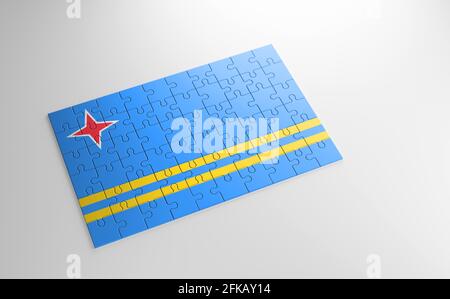 Ein Puzzle mit einem Druck der Flagge von Aruba, Teile des Puzzles auf weißem Hintergrund isoliert. Erfüllung und Perfektion Konzept. Symbol Stockfoto