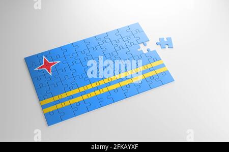 Ein Puzzle mit einem Druck der Flagge von Aruba, Teile des Puzzles auf weißem Hintergrund isoliert. Erfüllung und Perfektion Konzept. Symbol Stockfoto