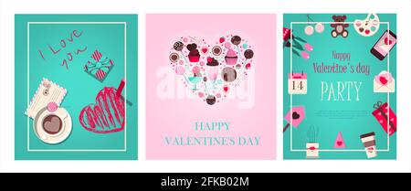 Set-Karten für valentinstag. Romantisches Bild in rosa, türkis und rot. Ein Musikgeschäft mit Schallplatten und Liedern für den Urlaub aller Liebhaber. Vektor Stock Vektor